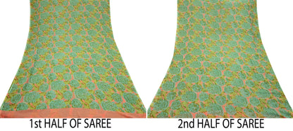 Indian Vintage Sari Orange & Green Pure Chiffon Silk Printed Sarees Craft Fabric Sewing 5Yard Soft Light Sari Dress Making