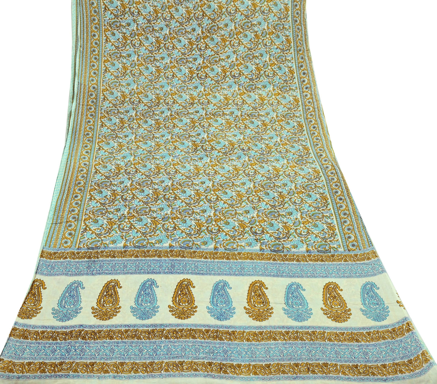 Indian Vintage Sari Ivory Block Printed Pure Cotton Sarees 5Yd Craft Fabric Sewing Sarong Wrap Boho Upcycle quilting Dress making
