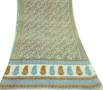 Indian Vintage Sari Ivory Block Printed Pure Cotton Sarees 5Yd Craft Fabric Sewing Sarong Wrap Boho Upcycle quilting Dress making