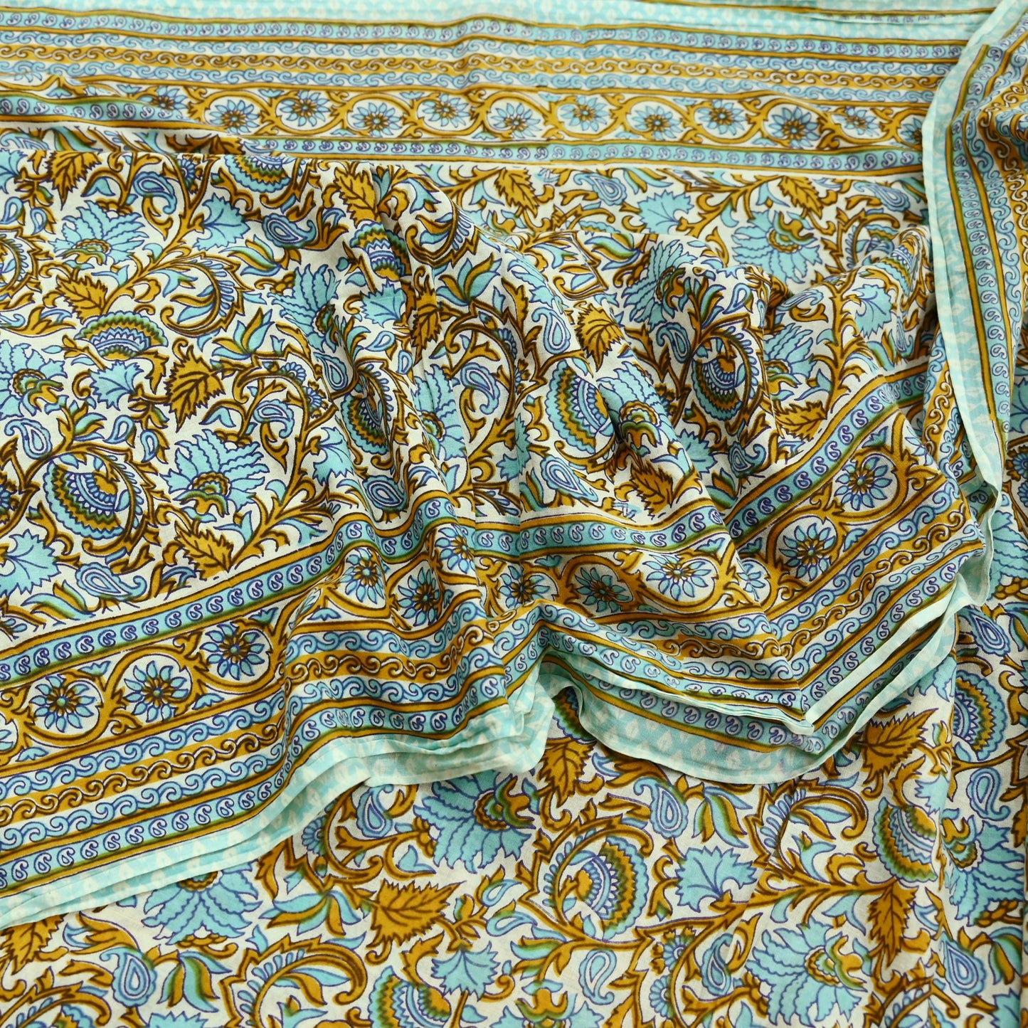 Indian Vintage Sari Ivory Block Printed Pure Cotton Sarees 5Yd Craft Fabric Sewing Sarong Wrap Boho Upcycle quilting Dress making