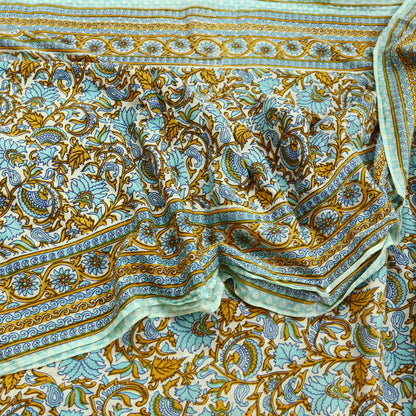 Indian Vintage Sari Ivory Block Printed Pure Cotton Sarees 5Yd Craft Fabric Sewing Sarong Wrap Boho Upcycle quilting Dress making