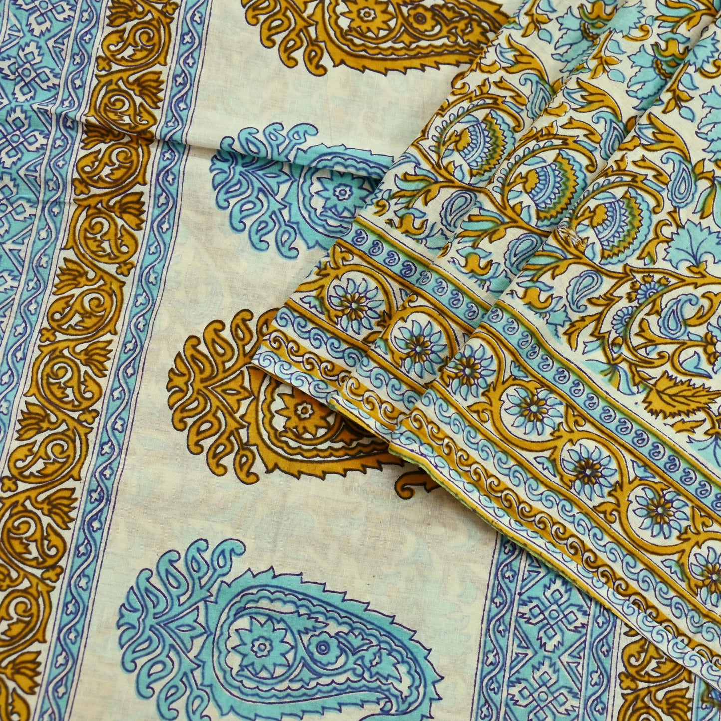 Indian Vintage Sari Ivory Block Printed Pure Cotton Sarees 5Yd Craft Fabric Sewing Sarong Wrap Boho Upcycle quilting Dress making