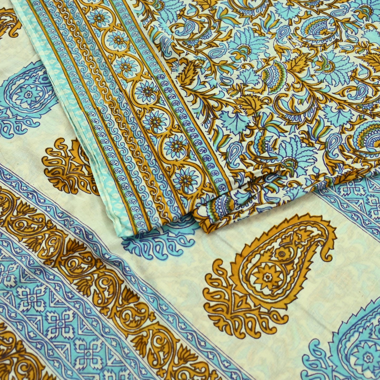 Indian Vintage Sari Ivory Block Printed Pure Cotton Sarees 5Yd Craft Fabric Sewing Sarong Wrap Boho Upcycle quilting Dress making