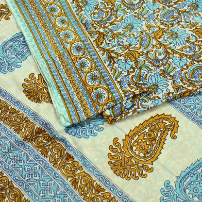 Indian Vintage Sari Ivory Block Printed Pure Cotton Sarees 5Yd Craft Fabric Sewing Sarong Wrap Boho Upcycle quilting Dress making