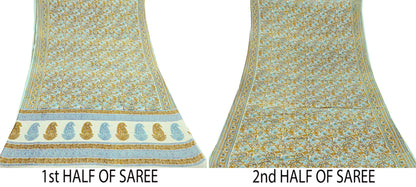 Indian Vintage Sari Ivory Block Printed Pure Cotton Sarees 5Yd Craft Fabric Sewing Sarong Wrap Boho Upcycle quilting Dress making