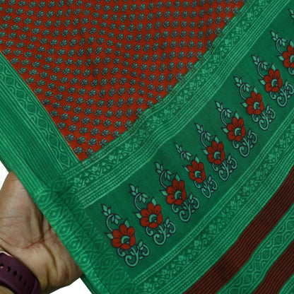 Indian Vintage Sari Green & Orange Printed Pure Cotton Sarees Craft Fabric Soft 5Yd Sewing Sarong Wrap Boho Floral Upcycle Dress making