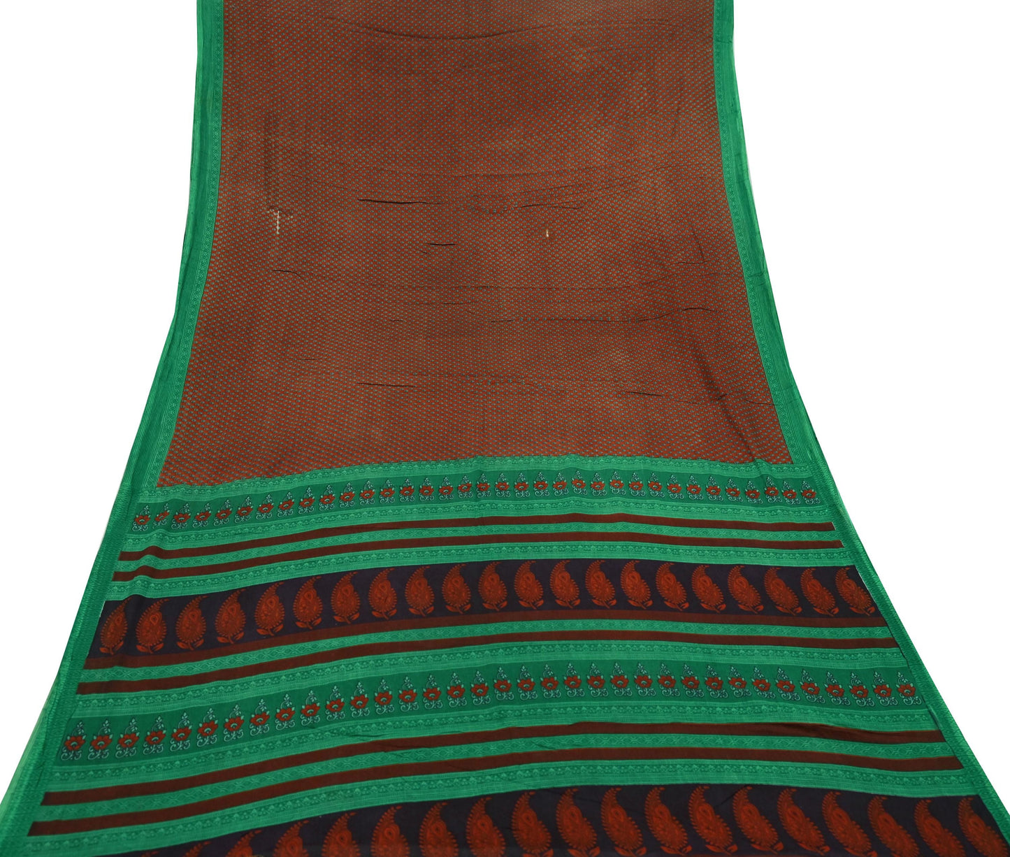 Indian Vintage Sari Green & Orange Printed Pure Cotton Sarees Craft Fabric Soft 5Yd Sewing Sarong Wrap Boho Floral Upcycle Dress making