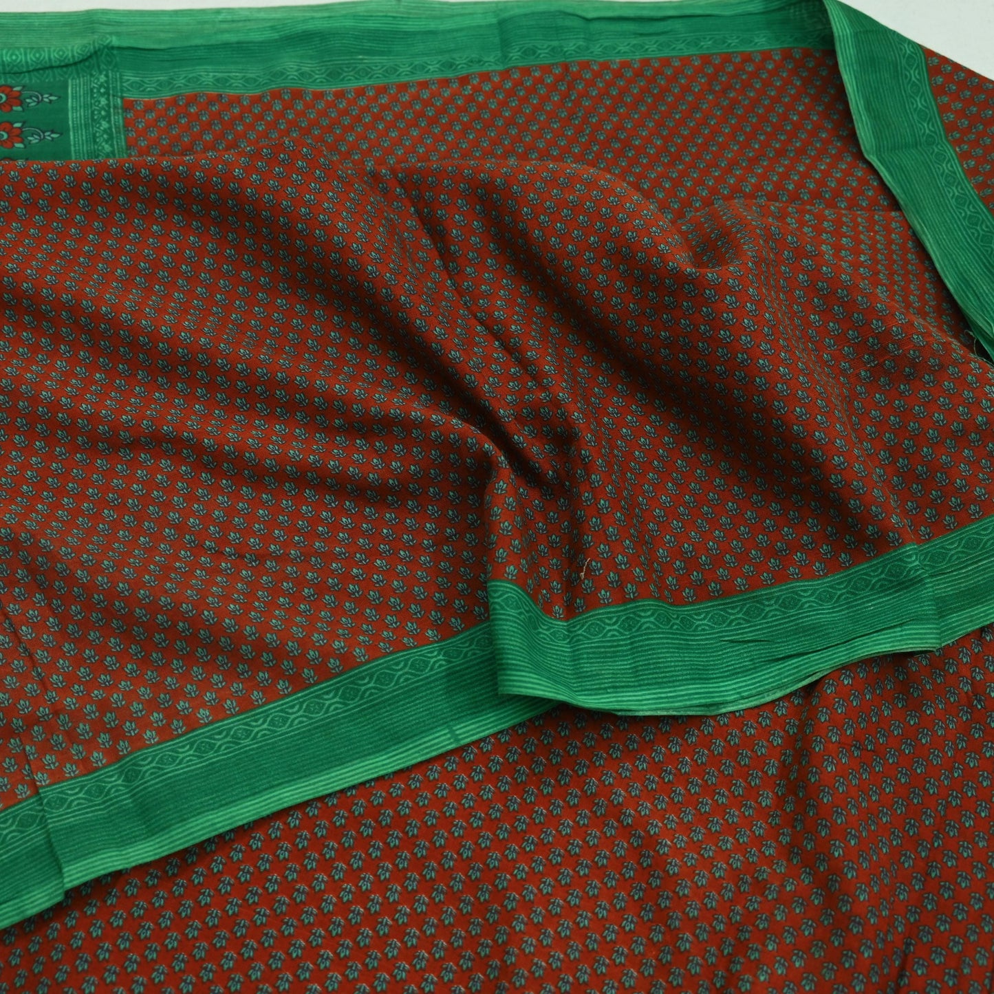 Indian Vintage Sari Green & Orange Printed Pure Cotton Sarees Craft Fabric Soft 5Yd Sewing Sarong Wrap Boho Floral Upcycle Dress making