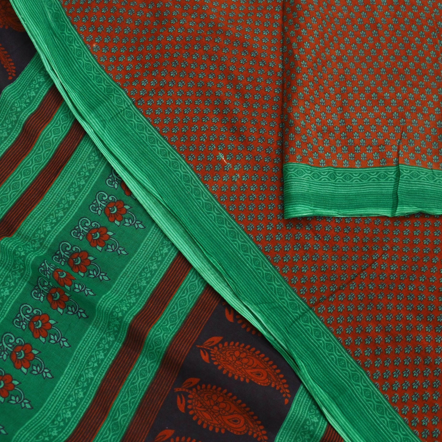 Indian Vintage Sari Green & Orange Printed Pure Cotton Sarees Craft Fabric Soft 5Yd Sewing Sarong Wrap Boho Floral Upcycle Dress making
