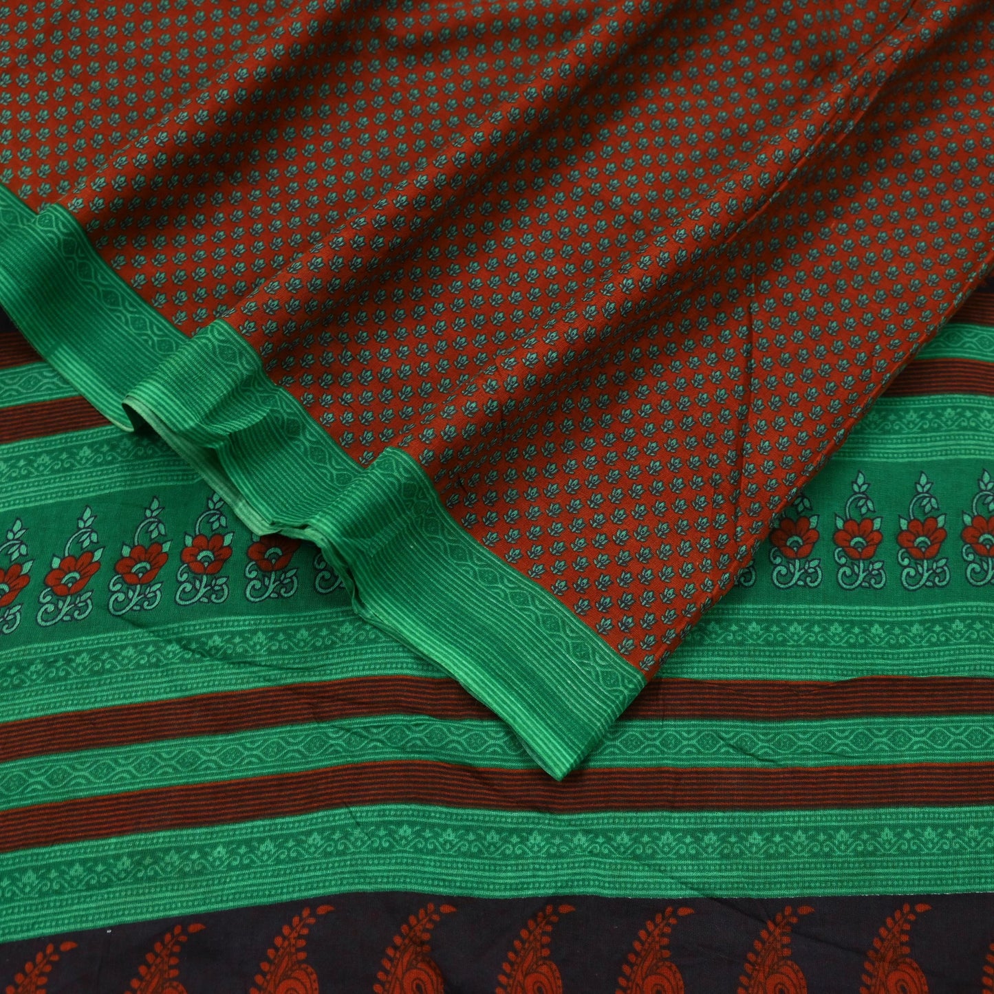 Indian Vintage Sari Green & Orange Printed Pure Cotton Sarees Craft Fabric Soft 5Yd Sewing Sarong Wrap Boho Floral Upcycle Dress making