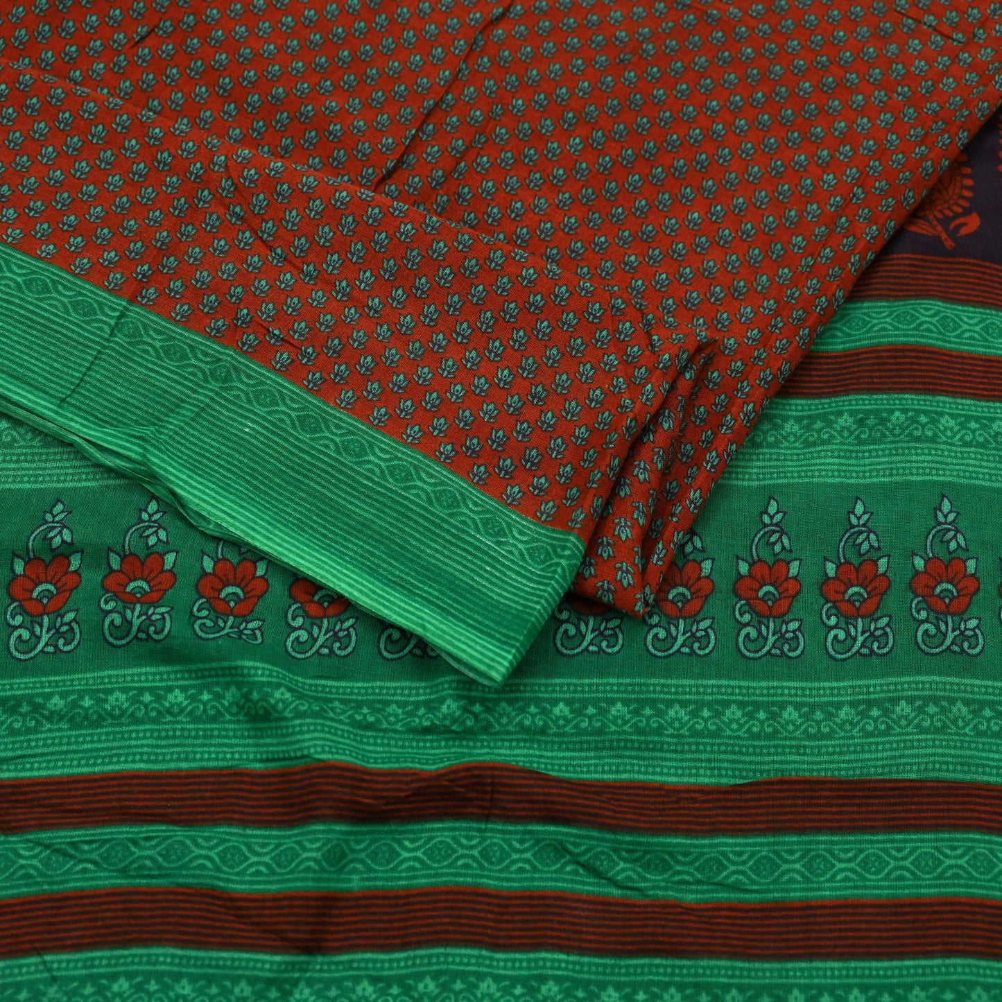 Indian Vintage Sari Green & Orange Printed Pure Cotton Sarees Craft Fabric Soft 5Yd Sewing Sarong Wrap Boho Floral Upcycle Dress making