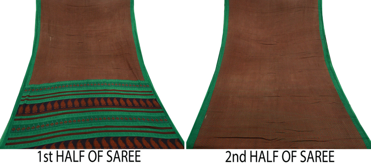 Indian Vintage Sari Green & Orange Printed Pure Cotton Sarees Craft Fabric Soft 5Yd Sewing Sarong Wrap Boho Floral Upcycle Dress making