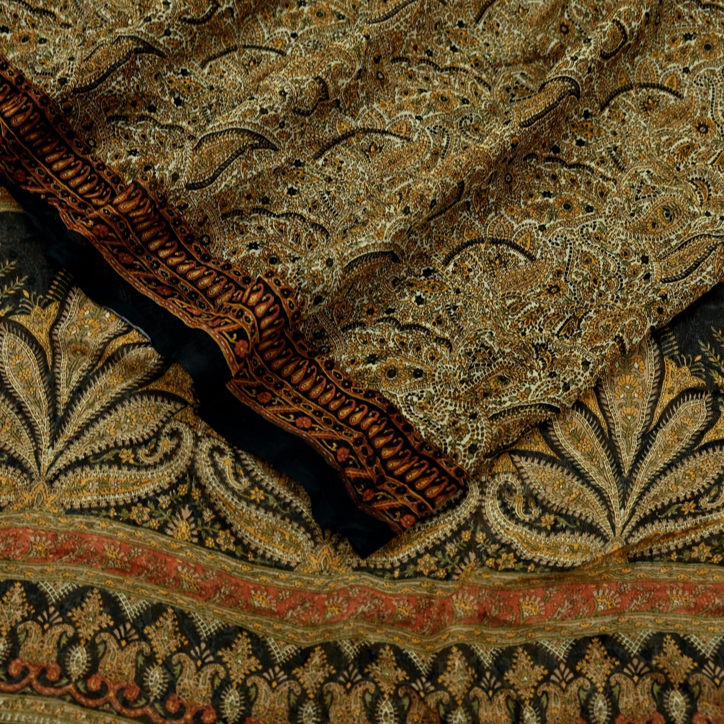 Indian Women Vintage Beige & Black Saree Pure Chiffon Silk Printed Sari Craft Fabric Sewing 5Yard Soft Light Sari Dress Making