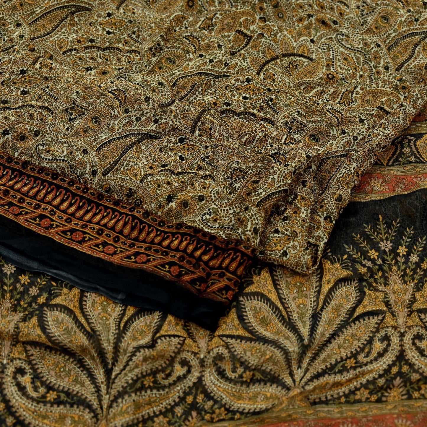 Indian Women Vintage Beige & Black Saree Pure Chiffon Silk Printed Sari Craft Fabric Sewing 5Yard Soft Light Sari Dress Making