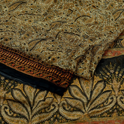 Indian Women Vintage Beige & Black Saree Pure Chiffon Silk Printed Sari Craft Fabric Sewing 5Yard Soft Light Sari Dress Making