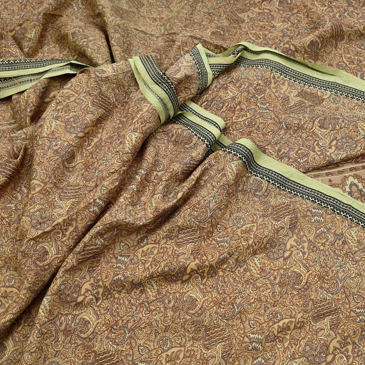 Indian Vintage Beige Saree Pure Silk Printed Sari Craft Fabric 6yd Sewing Craft Dress Making  Soft Paisley Quilting Crafting Upcycle Used