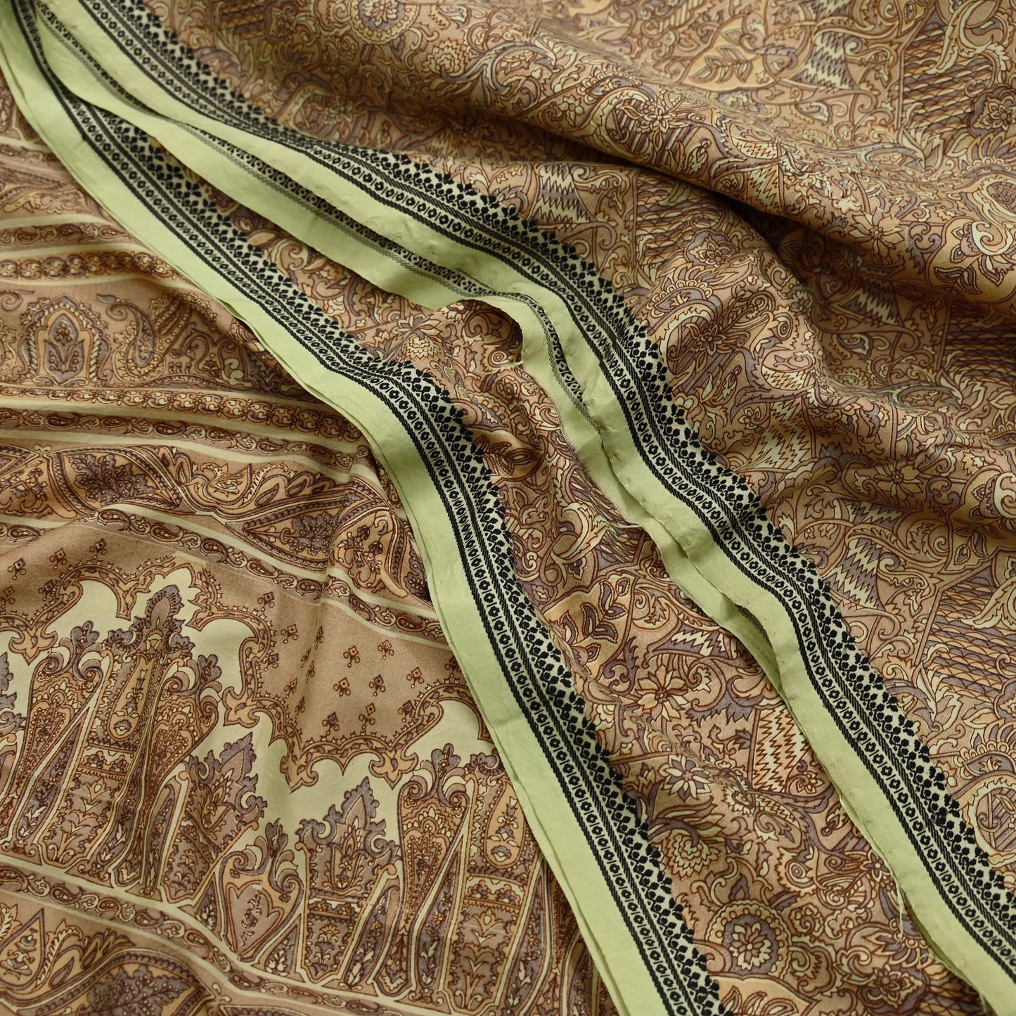 Indian Vintage Beige Saree Pure Silk Printed Sari Craft Fabric 6yd Sewing Craft Dress Making  Soft Paisley Quilting Crafting Upcycle Used