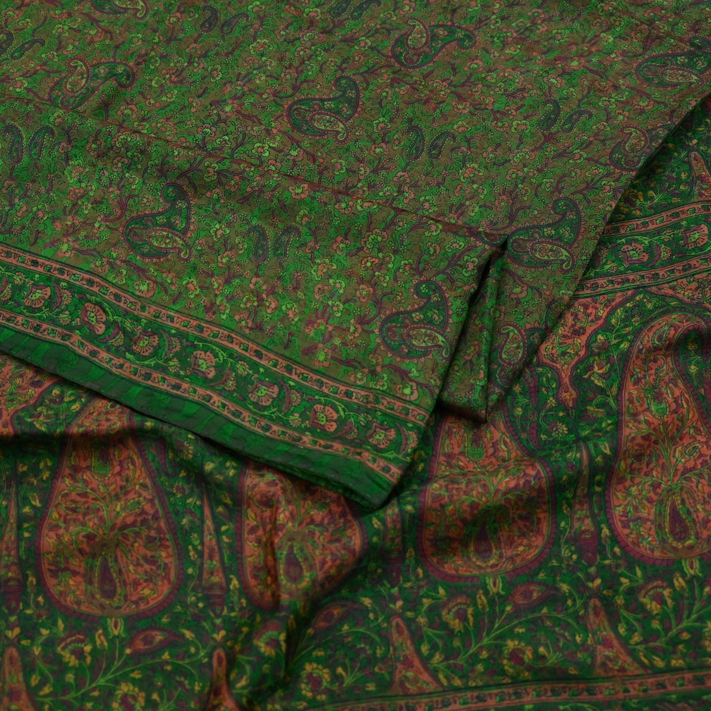 Indian Vintage Sari Green Pure Silk Printed Sarees 5yd Sewing Craft Fabric Dress Making  Soft Paisley Wrap Upcycle Used Quilting Crafting