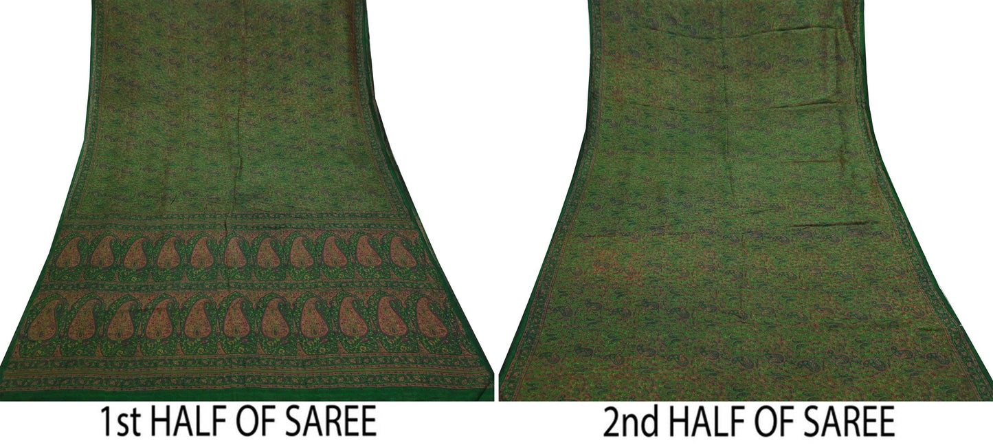 Indian Vintage Sari Green Pure Silk Printed Sarees 5yd Sewing Craft Fabric Dress Making  Soft Paisley Wrap Upcycle Used Quilting Crafting