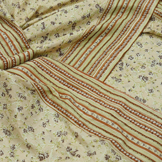 Indian Vintage Sari Ivory & Beige Pure Silk Printed Saree 5yd Sewing Paisley Craft Fabric DressMaking Soft Used Upcycled
