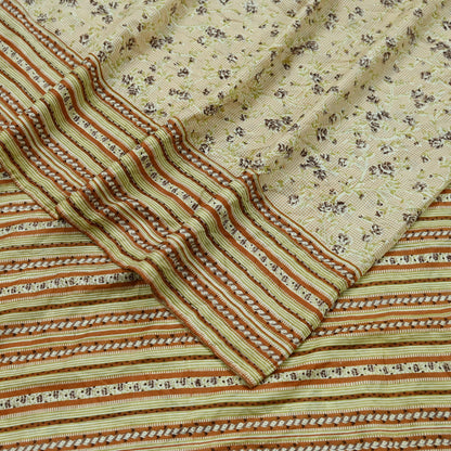 Indian Vintage Sari Ivory & Beige Pure Silk Printed Saree 5yd Sewing Paisley Craft Fabric DressMaking Soft Used Upcycled
