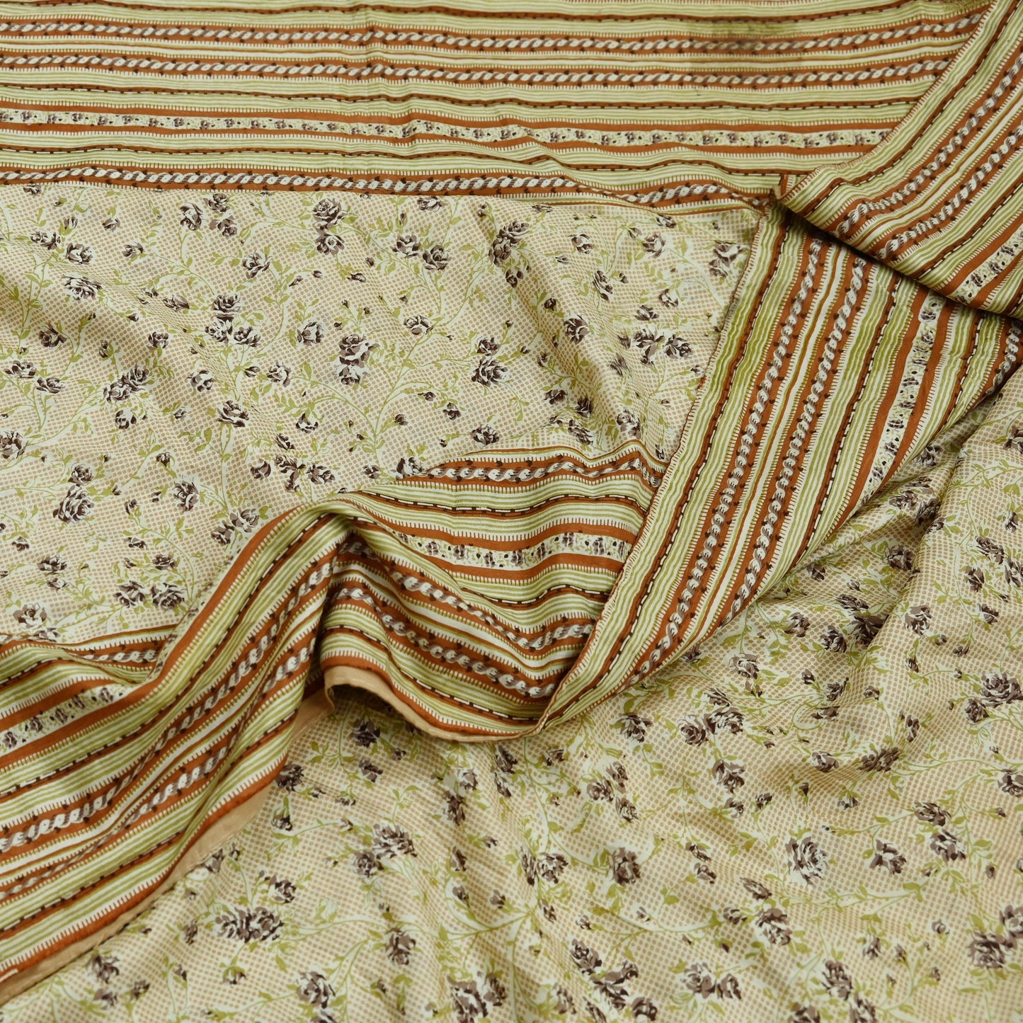 Indian Vintage Sari Ivory & Beige Pure Silk Printed Saree 5yd Sewing Paisley Craft Fabric DressMaking Soft Used Upcycled