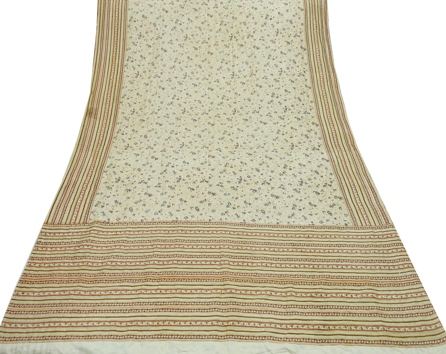 Indian Vintage Sari Ivory & Beige Pure Silk Printed Saree 5yd Sewing Paisley Craft Fabric DressMaking Soft Used Upcycled
