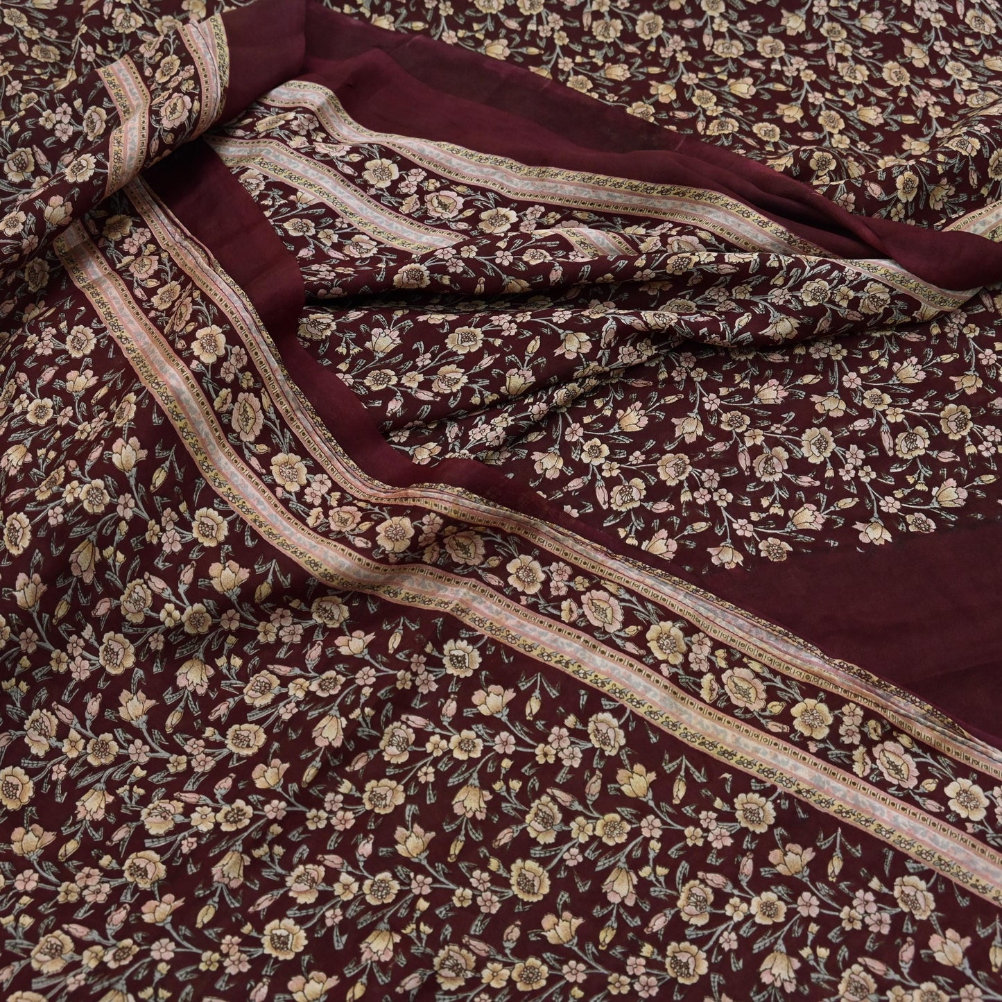 Indian Vintage Sari Maroon 100% Pure Silk Printed Sarees 6yd Craft Fabric Sewing Soft Dress Making Floral Quilting Crafting Upcycle Used