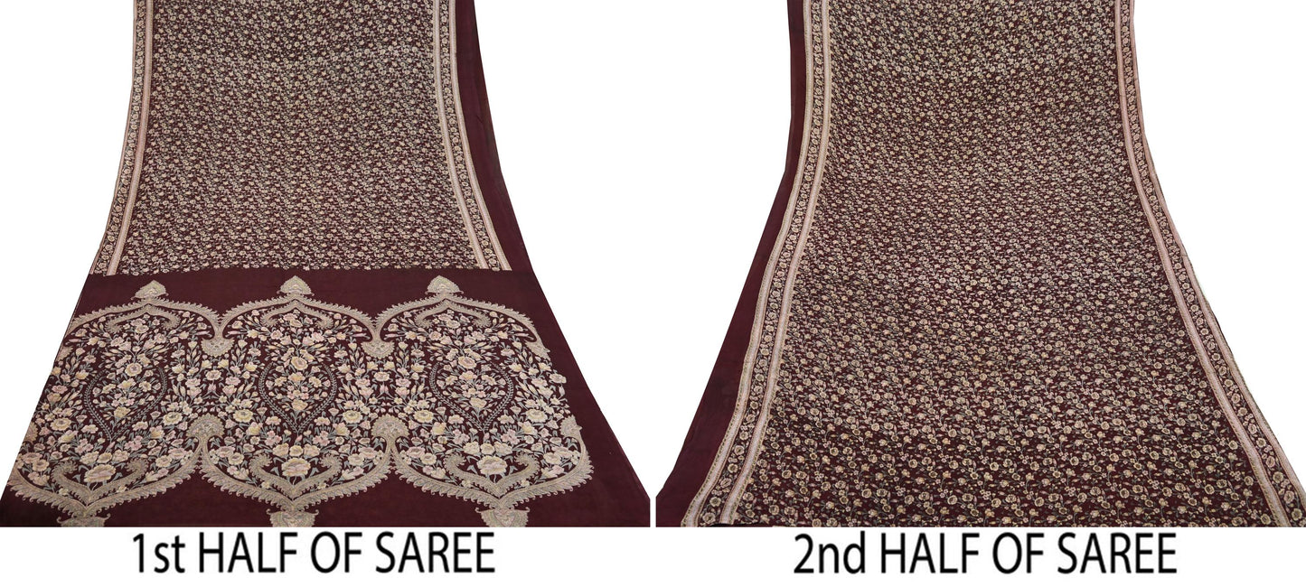 Indian Vintage Sari Maroon 100% Pure Silk Printed Sarees 6yd Craft Fabric Sewing Soft Dress Making Floral Quilting Crafting Upcycle Used