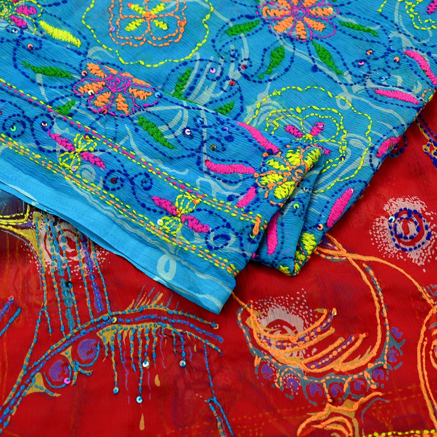 Indian Vintage Dupatta Blue & red Long Stole Hand Embroidered kantha stole Georgette Scarves Veil Wrap Soft Floral Sequins