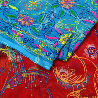 Indian Vintage Dupatta Blue & red Long Stole Hand Embroidered kantha stole Georgette Scarves Veil Wrap Soft Floral Sequins