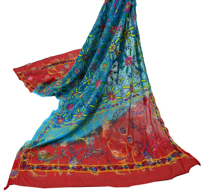 Indian Vintage Dupatta Blue & red Long Stole Hand Embroidered kantha stole Georgette Scarves Veil Wrap Soft Floral Sequins