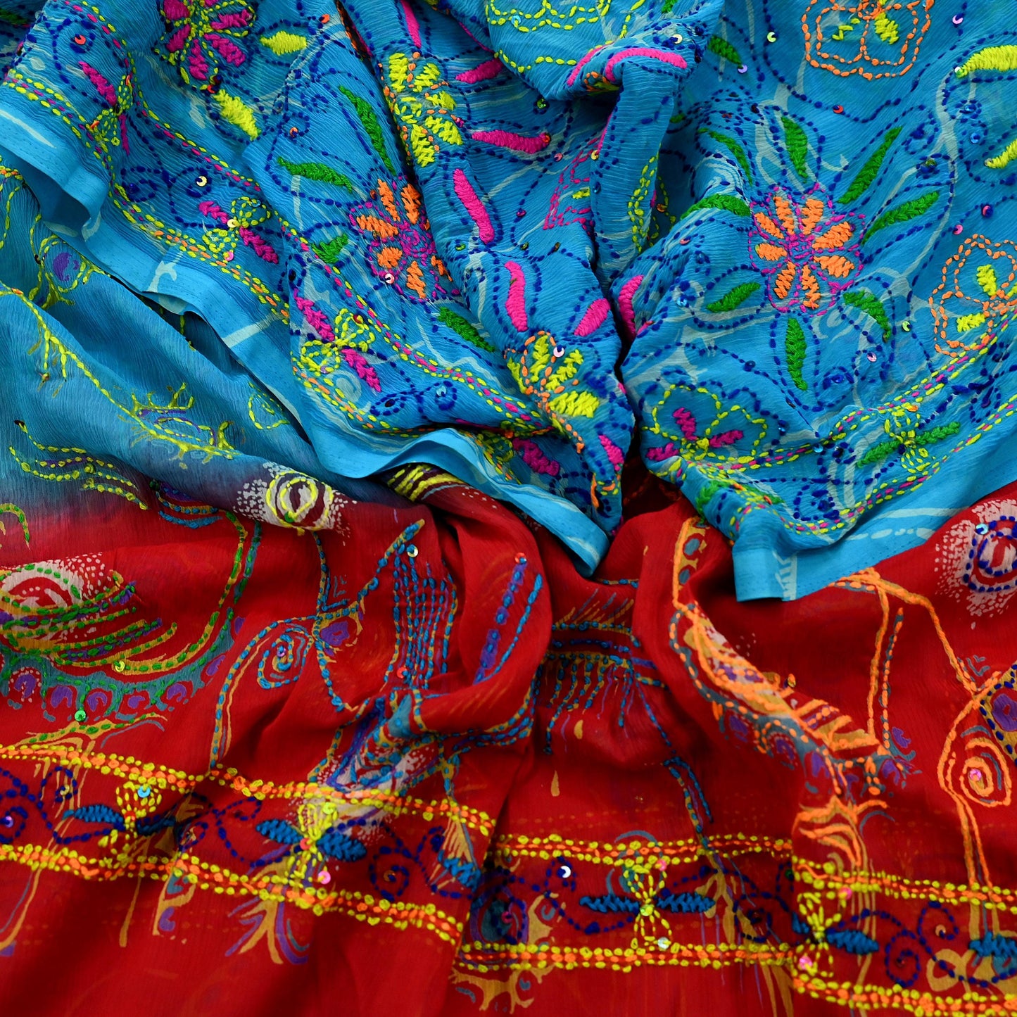 Indian Vintage Dupatta Blue & red Long Stole Hand Embroidered kantha stole Georgette Scarves Veil Wrap Soft Floral Sequins