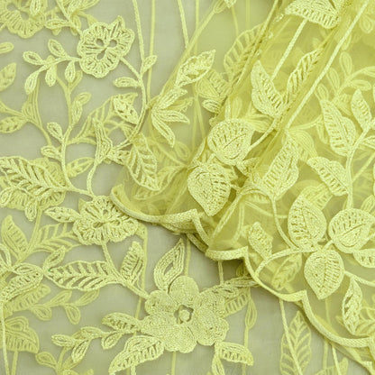 Indian Vintage Dupatta Yellow Long Stole Organza Hand Embroidered Indian Scarves Veil Zari Soft Floral Design