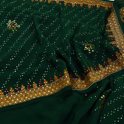 Indian Vintage Heavy Sari Green Pure Crepe Silk Hand Embroidered Sarees Craft Fabric 5Yd Sewing Zardozi Dress making With Blouse Pcs
