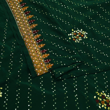 Indian Vintage Heavy Sari Green Pure Crepe Silk Hand Embroidered Sarees Craft Fabric 5Yd Sewing Zardozi Dress making With Blouse Pcs
