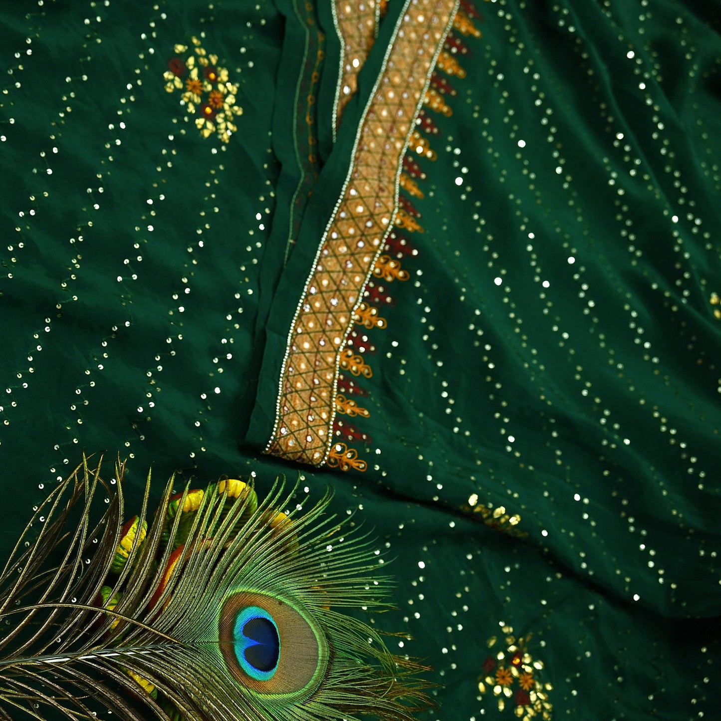 Indian Vintage Heavy Sari Green Pure Crepe Silk Hand Embroidered Sarees Craft Fabric 5Yd Sewing Zardozi Dress making With Blouse Pcs
