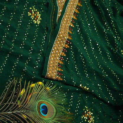 Indian Vintage Heavy Sari Green Pure Crepe Silk Hand Embroidered Sarees Craft Fabric 5Yd Sewing Zardozi Dress making With Blouse Pcs