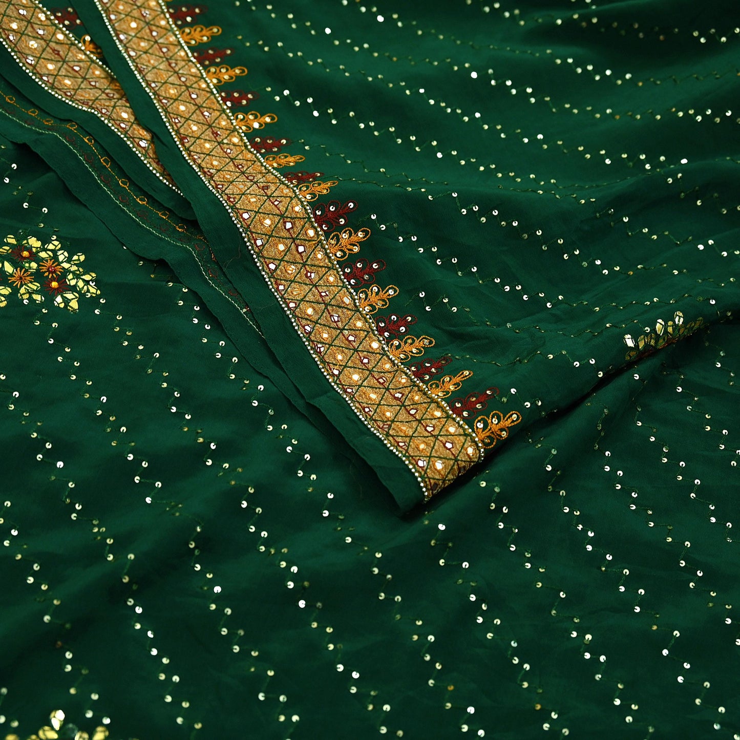 Indian Vintage Heavy Sari Green Pure Crepe Silk Hand Embroidered Sarees Craft Fabric 5Yd Sewing Zardozi Dress making With Blouse Pcs