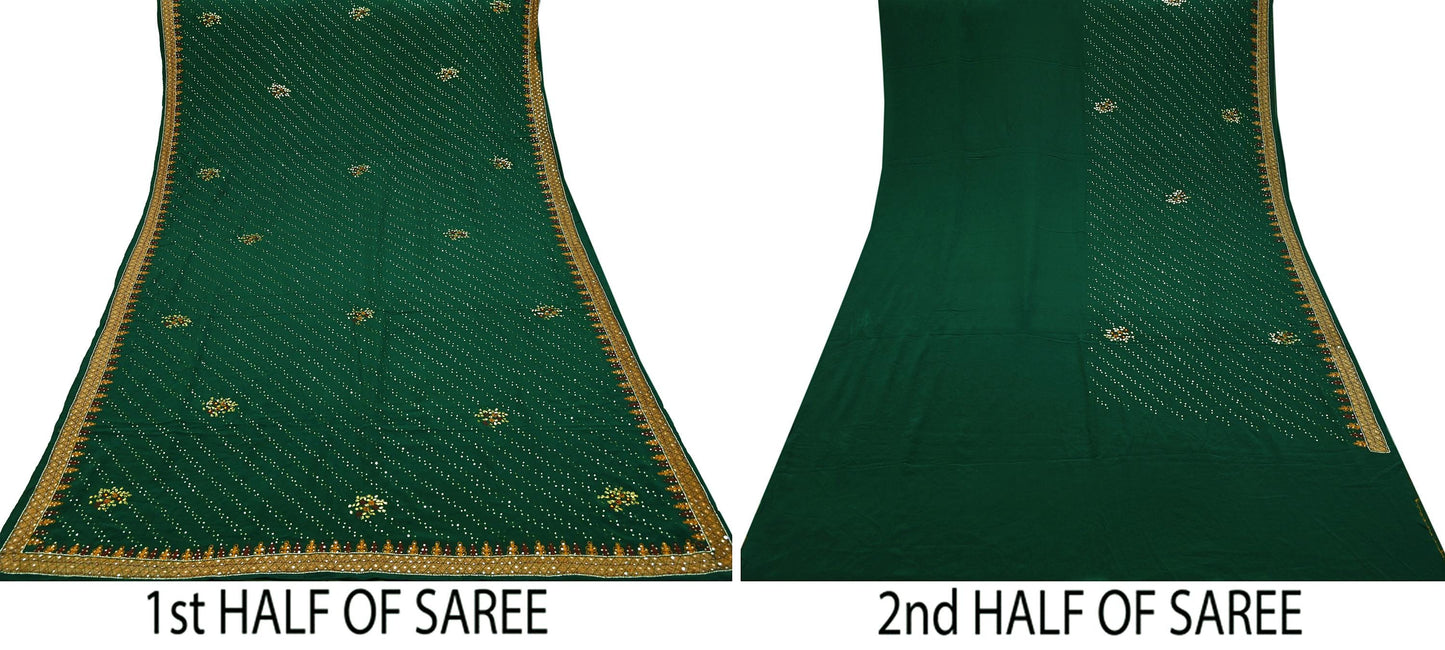 Indian Vintage Heavy Sari Green Pure Crepe Silk Hand Embroidered Sarees Craft Fabric 5Yd Sewing Zardozi Dress making With Blouse Pcs