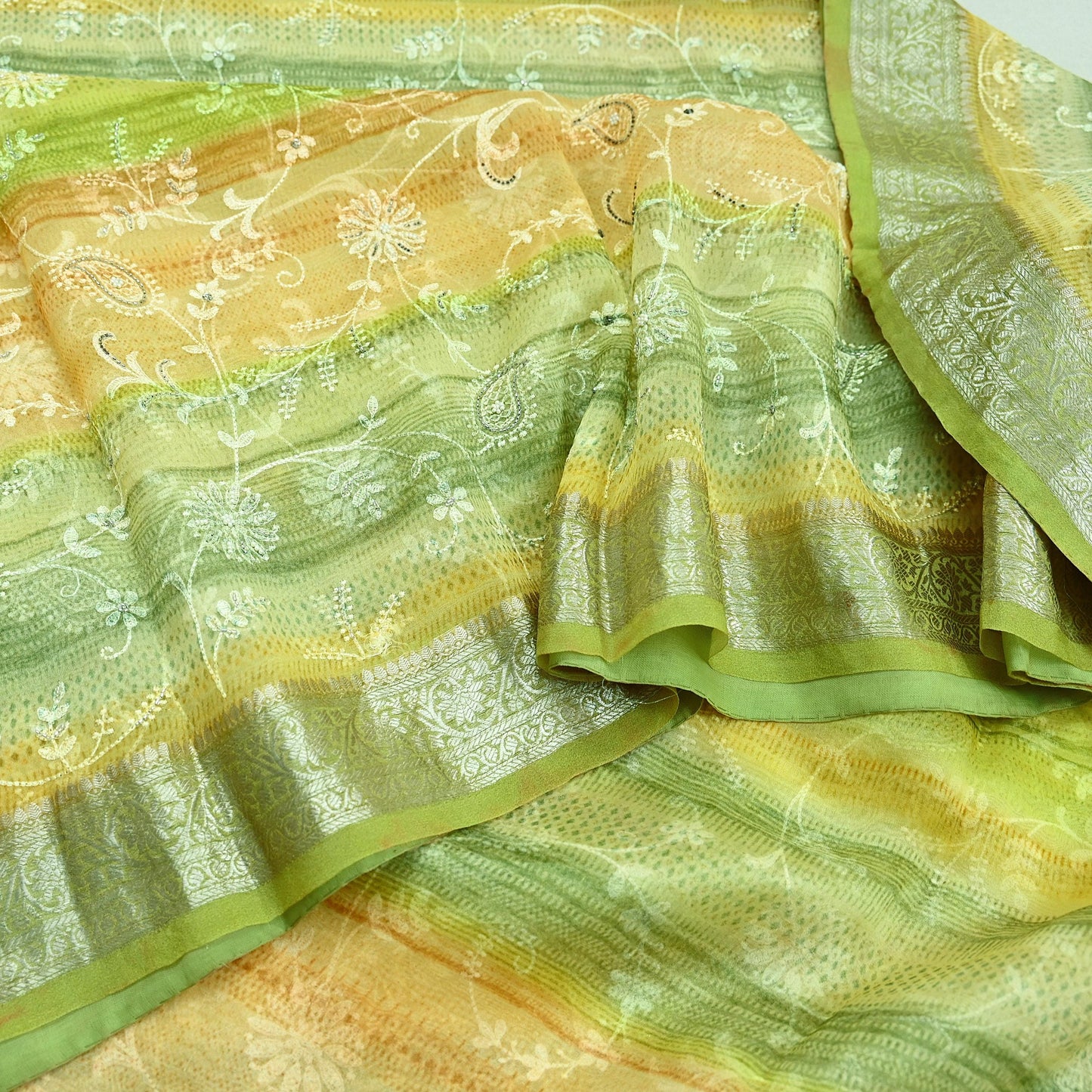 Indian Vintage Multi Heavy Saree Hand Embroidered Pure Organza Silk Indian Sari Fabric 5Yard Ethnic Floral Zari Dress making Crafting