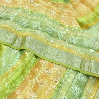 Indian Vintage Multi Heavy Saree Hand Embroidered Pure Organza Silk Indian Sari Fabric 5Yard Ethnic Floral Zari Dress making Crafting