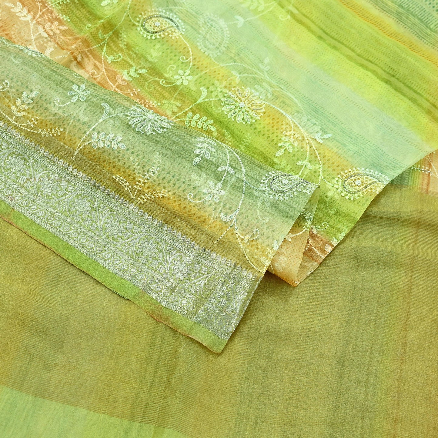 Indian Vintage Multi Heavy Saree Hand Embroidered Pure Organza Silk Indian Sari Fabric 5Yard Ethnic Floral Zari Dress making Crafting