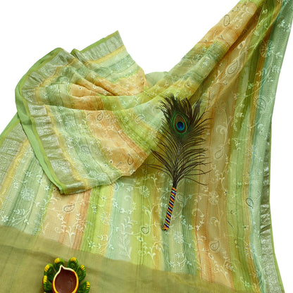 Indian Vintage Multi Heavy Saree Hand Embroidered Pure Organza Silk Indian Sari Fabric 5Yard Ethnic Floral Zari Dress making Crafting