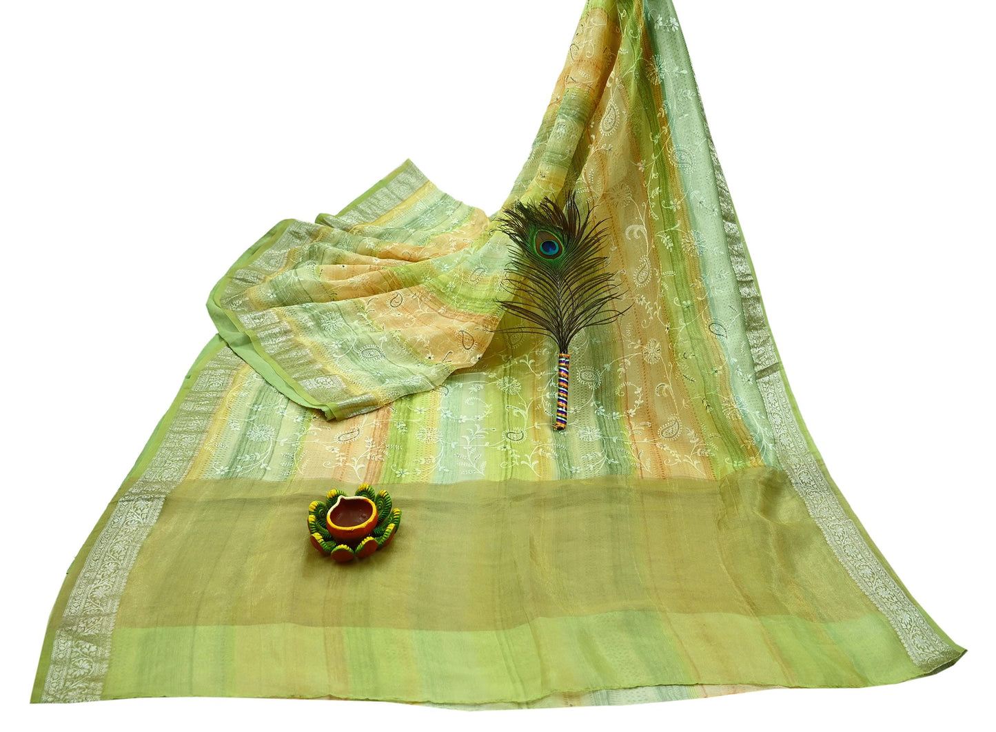 Indian Vintage Multi Heavy Saree Hand Embroidered Pure Organza Silk Indian Sari Fabric 5Yard Ethnic Floral Zari Dress making Crafting