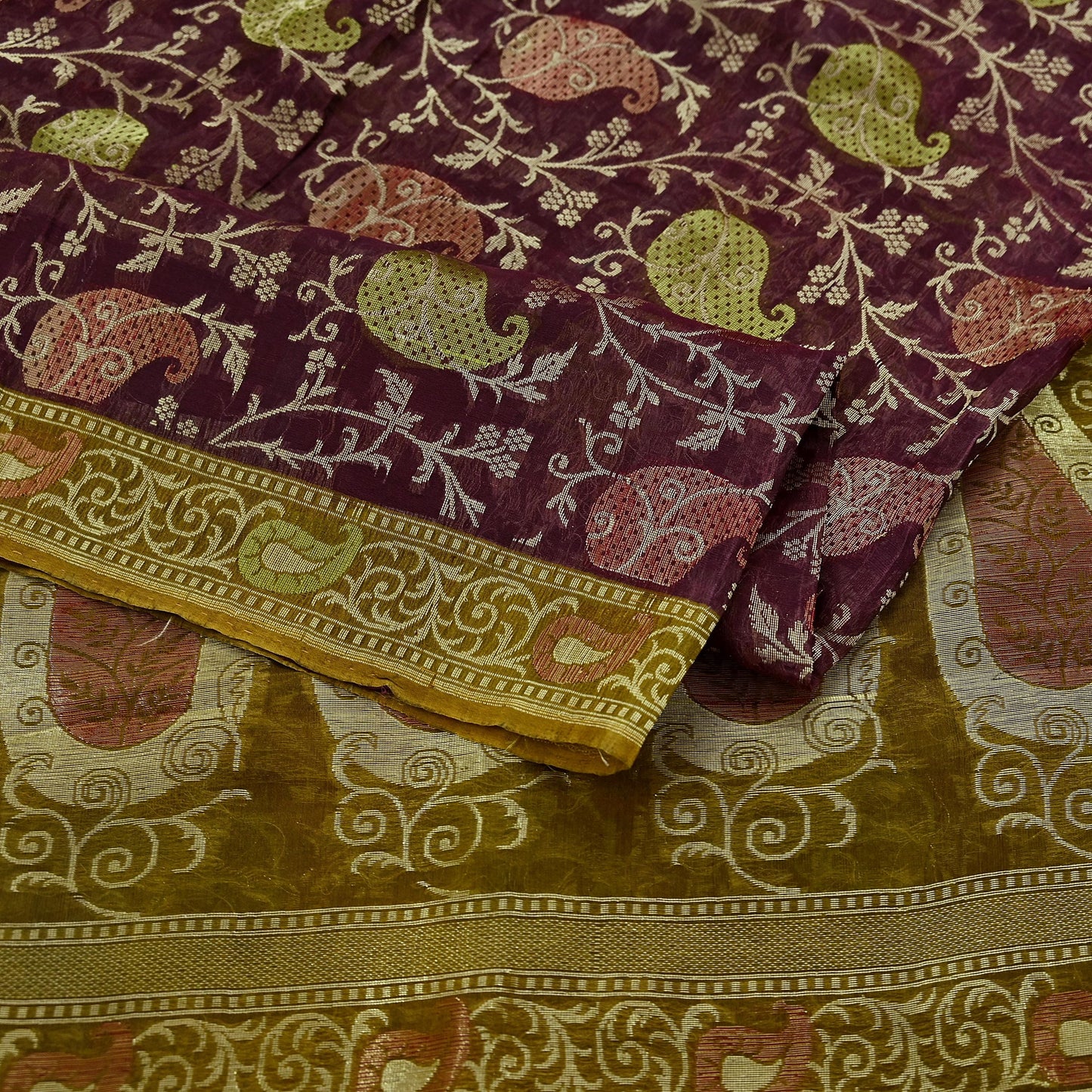 Indian Vintage Sari Green & maroon Hand Woven 100% Pure Organza Silk Saree Craft Fabric 5Yd Dress Making Crafting Quilting Upcycle Fringes