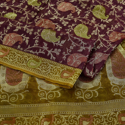 Indian Vintage Sari Green & maroon Hand Woven 100% Pure Organza Silk Saree Craft Fabric 5Yd Dress Making Crafting Quilting Upcycle Fringes