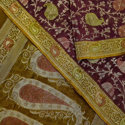 Indian Vintage Sari Green & maroon Hand Woven 100% Pure Organza Silk Saree Craft Fabric 5Yd Dress Making Crafting Quilting Upcycle Fringes