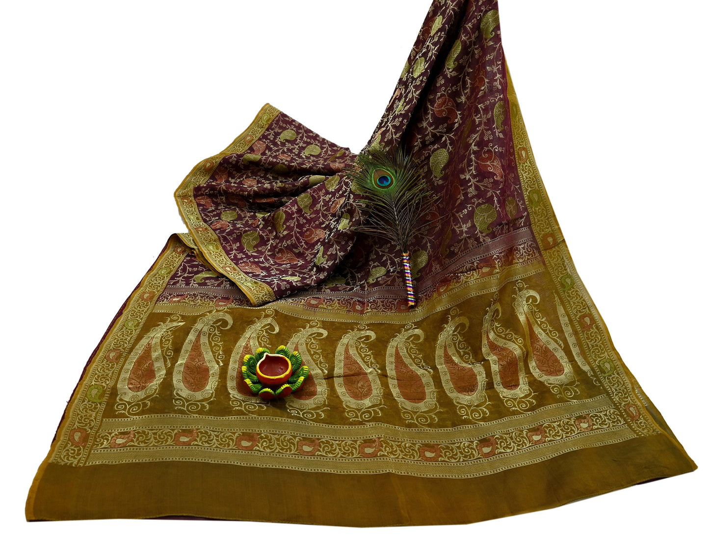 Indian Vintage Sari Green & maroon Hand Woven 100% Pure Organza Silk Saree Craft Fabric 5Yd Dress Making Crafting Quilting Upcycle Fringes