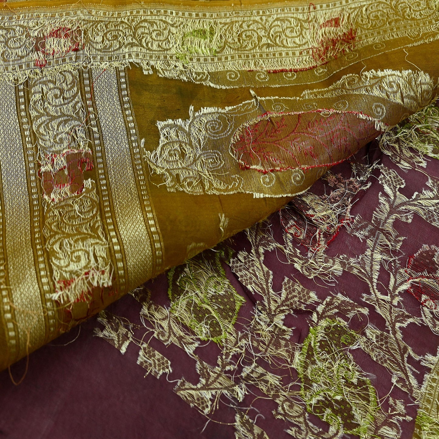 Indian Vintage Sari Green & maroon Hand Woven 100% Pure Organza Silk Saree Craft Fabric 5Yd Dress Making Crafting Quilting Upcycle Fringes